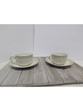 Johnson Bros Ruth #3 Cups & Saucers Set of 2 Green Gold Bone China